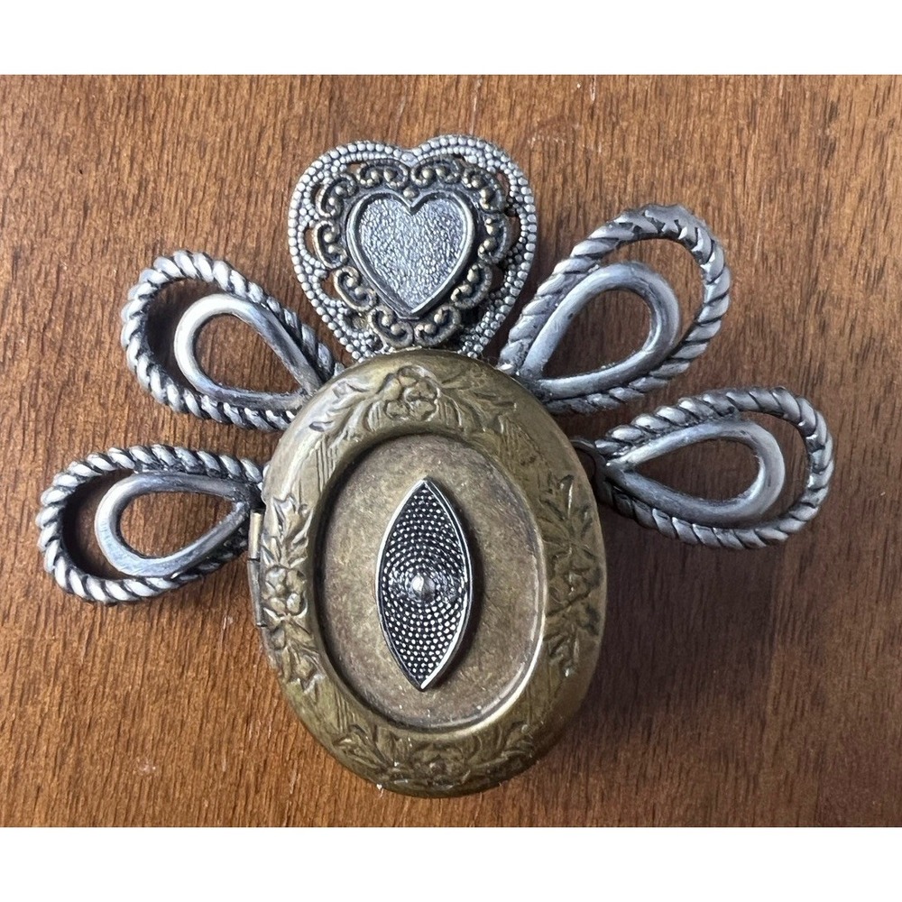 Silver Gold Heart Angel Locket Brooch Pin TRESKA Signed